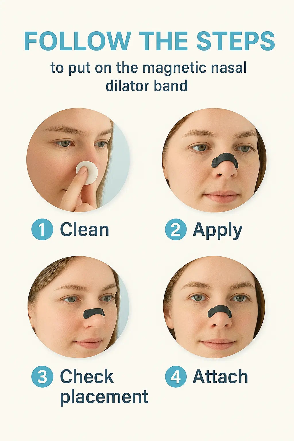 Step-by-step guide on how to use a magnetic nasal dilator band with illustrations of a person applying it.