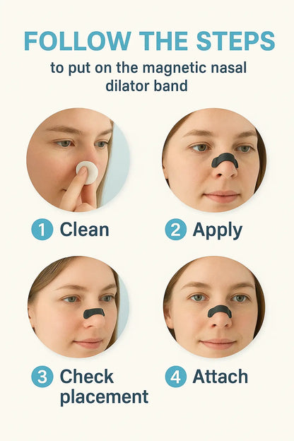 Step-by-step guide on how to use a magnetic nasal dilator band with illustrations of a person applying it.