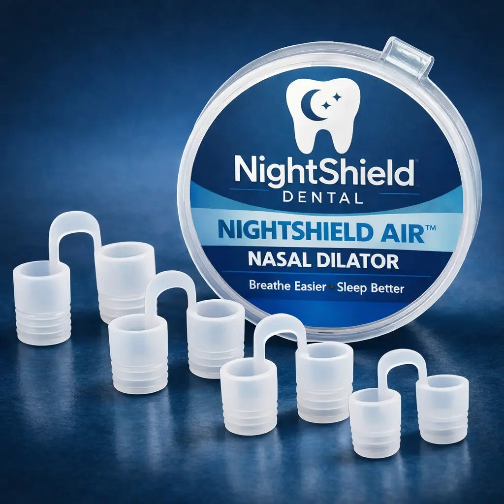 NightShield Dental NightShield Air nasal dilator packaging with multiple dilators on a blue background