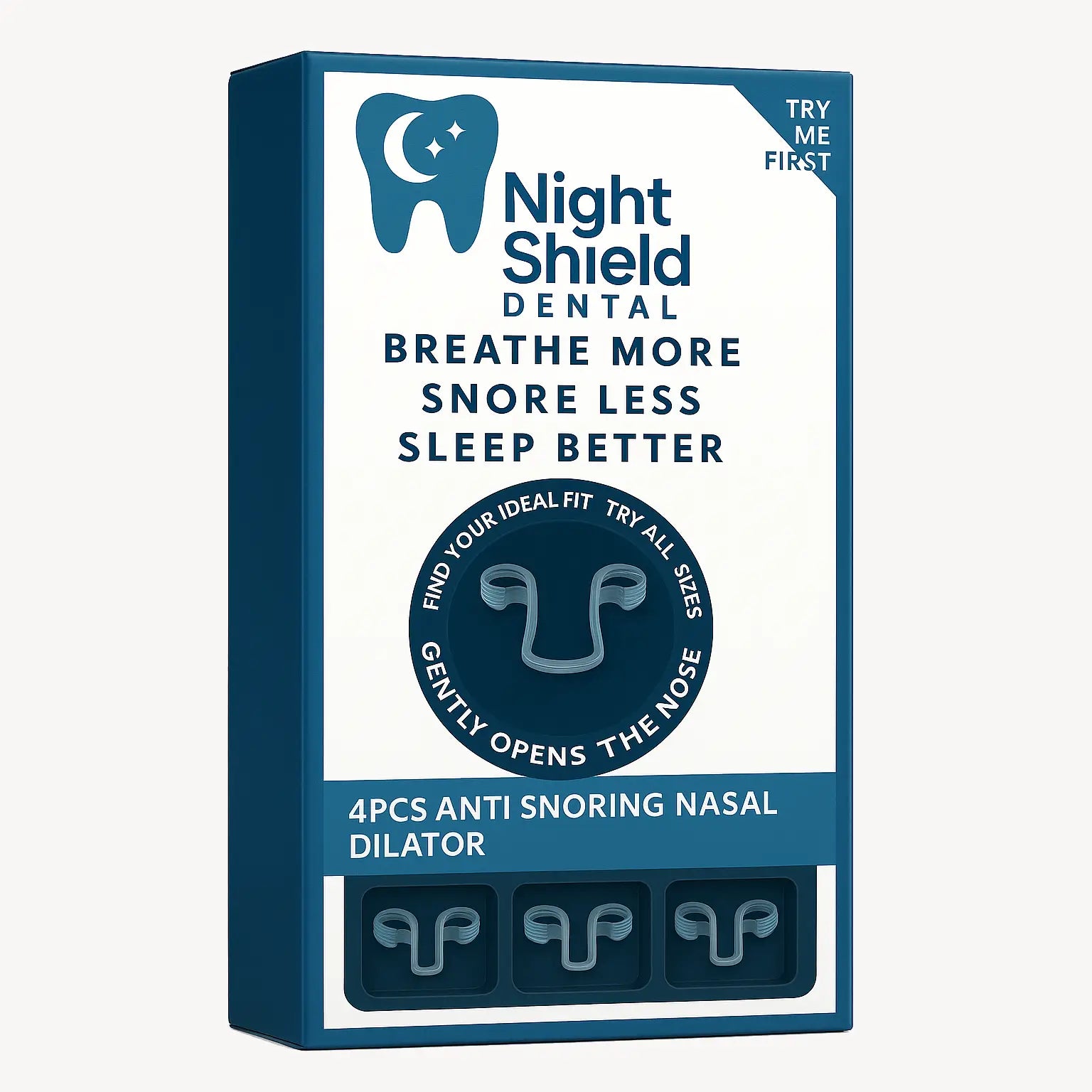 Packaging of Night Shield dental Internal Nasal Dilators for anti-snoring on a white background