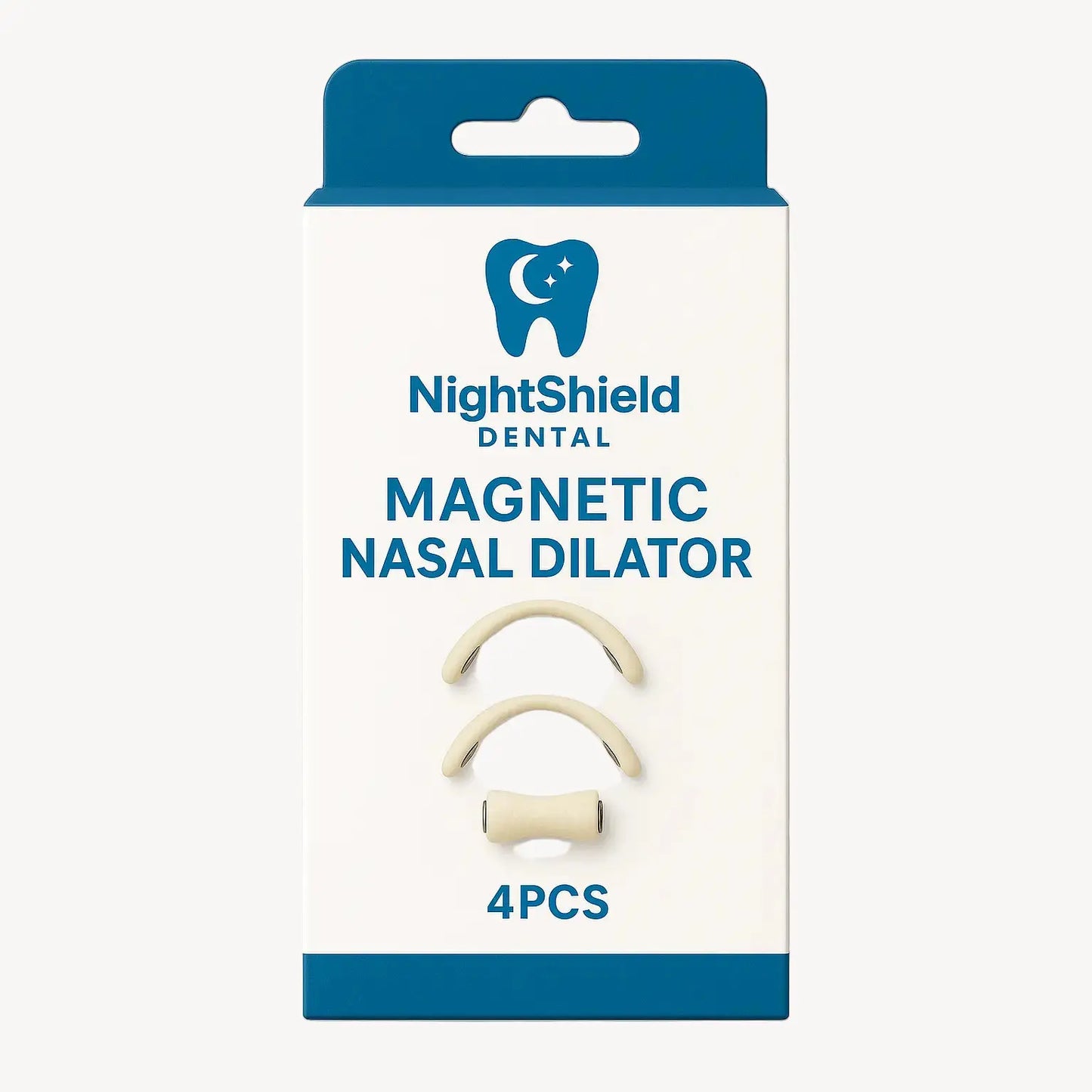 Packaging of NightShield Dental Magnetic Nasal Dilator with two nasal dilators on a white background.