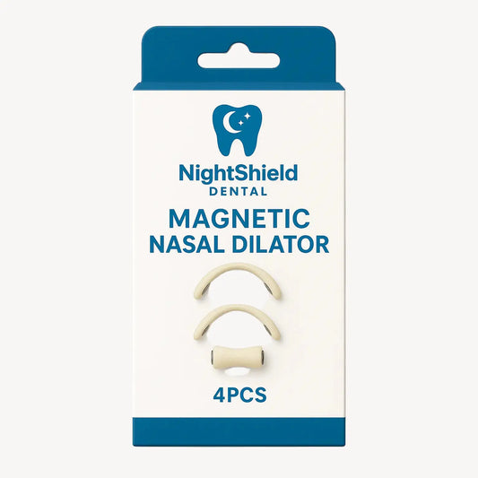 Packaging of NightShield Dental Magnetic Nasal Dilator with two nasal dilators on a white background.
