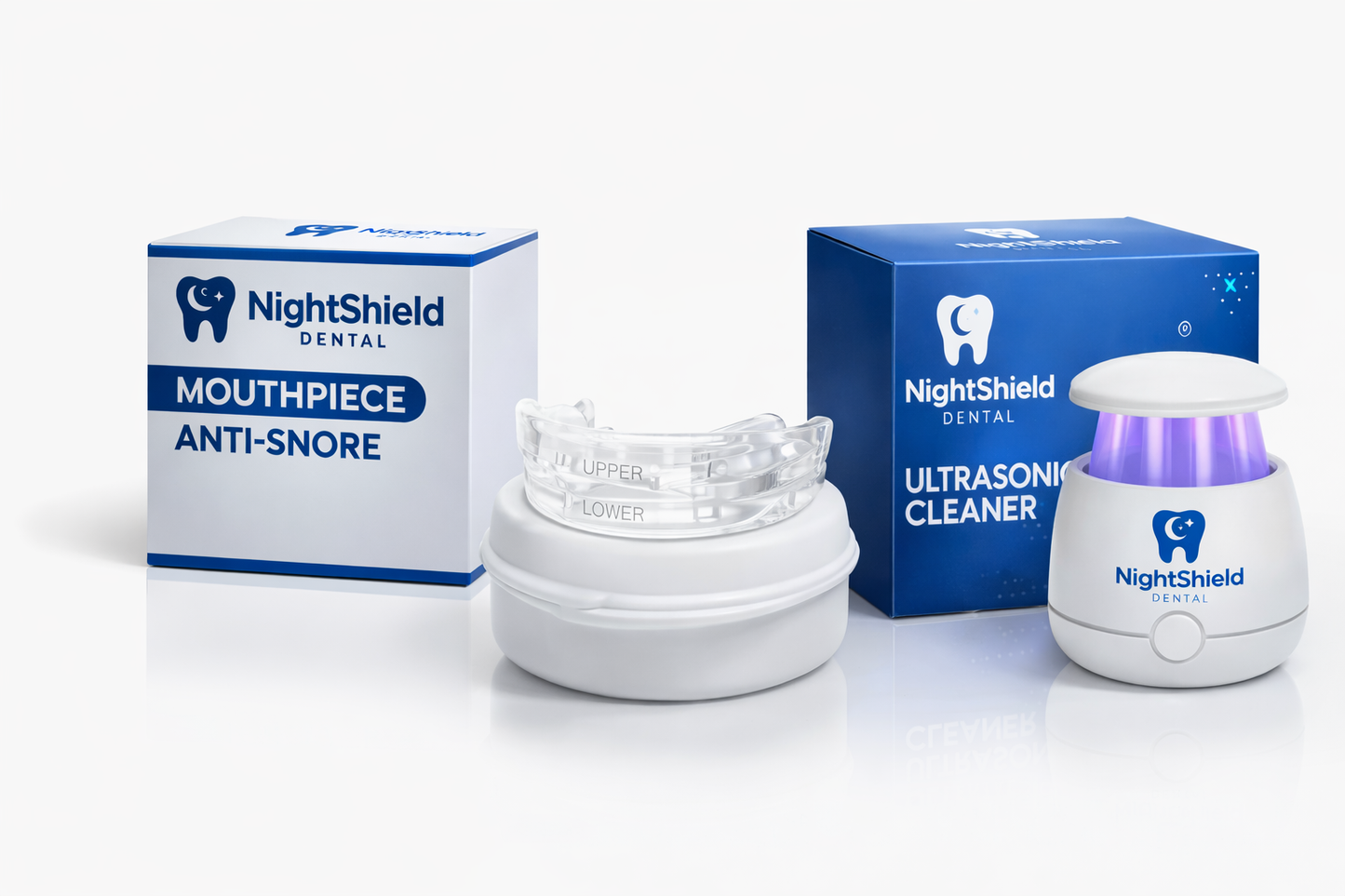 NightShield Dental mouthpiece anti-snore device and ultrasonic cleaner on a white background