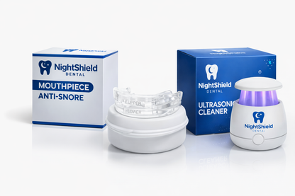 NightShield Dental mouthpiece anti-snore device and ultrasonic cleaner on a white background