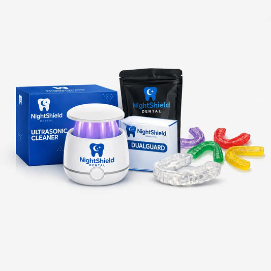 NightShield Dental Care Kit with ultrasonic cleaner, mouldable BPA-free nightguard, storage case and product packaging for cleaning and protecting dental nightguards.