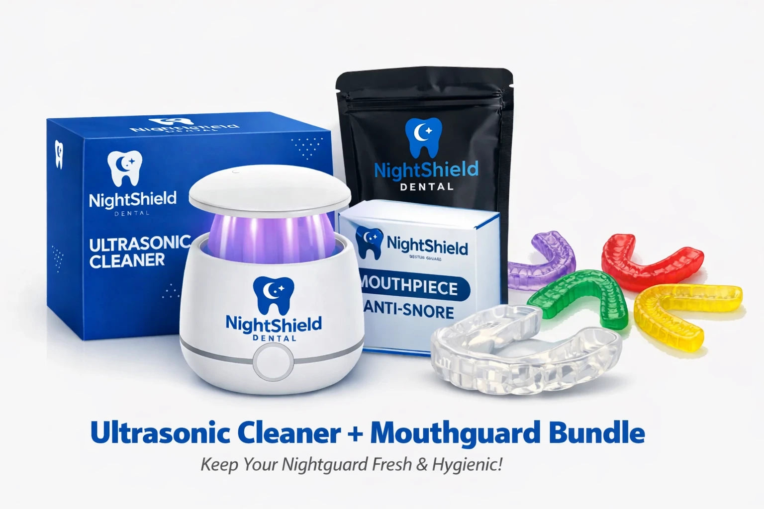 NightShield Dental ultrasonic cleaner and mouthguard bundle on a white background with text.