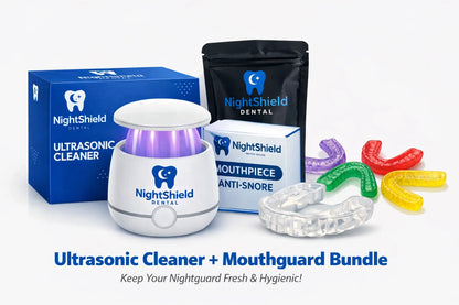 NightShield Dental ultrasonic cleaner and mouthguard bundle on a white background with text.