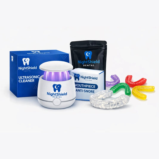 NightShield dental product bundle including an ultrasonic cleaner, mouthpiece, and anti-snore device on a white background.