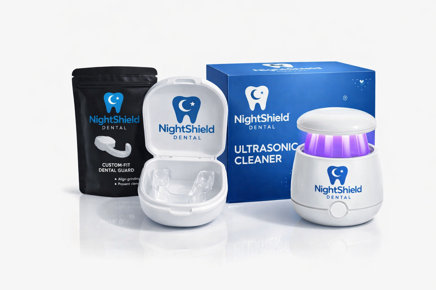 NightShield Dental products including a nightguard, case, packaging, and ultrasonic cleaner on a white background