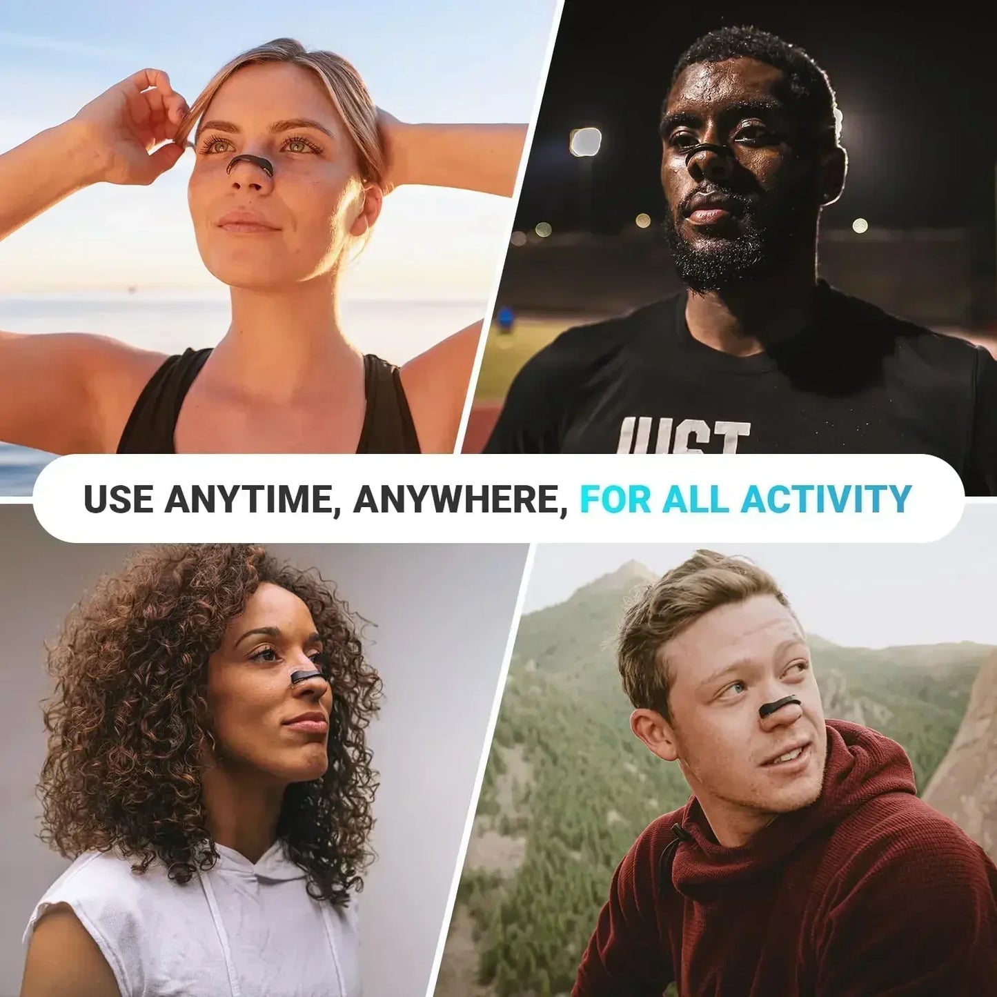 Collage of four people with text 'USE ANYTIME, ANYWHERE, FOR ALL ACTIVITY' on a white background.